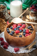Tasty breakfast with milk and fruit.