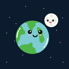 Naklejka premium Earth and moon cute