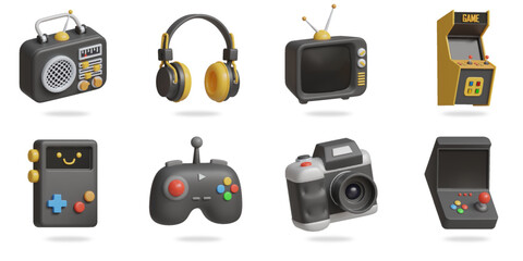 vintage appliances 3D vector icon set radio,headphones,television,arcade game,gamepad, joystick, and film camera © siamBlender