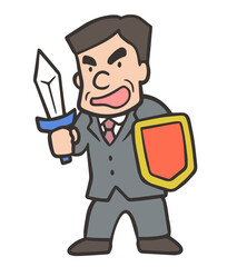 企業戦士の会社員、スーツを着て剣と盾を持つ中年男性