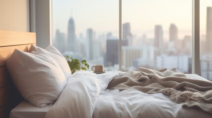 Luxury apartment bedroom interior. Large bed in living room with city view in window. Hotel bedchamber. 