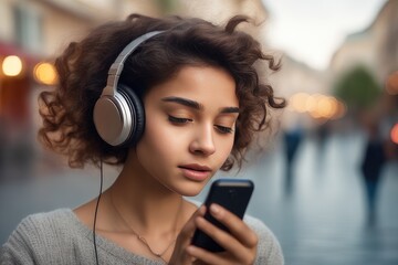 woman listening to music on street
