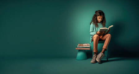 Little cute school girl enjoys reading books, sitting and studying. Acquiring knowledge and education is part of growing up and developing children.