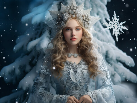 Beautiful blonde girl snow maiden, granddaughter of Santa Claus in a luxurious dress next to the Christmas tree