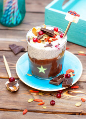 Chia pudding with chocolate, fresh cranberries, almonds, chopped chocolate bars, pumpkin seeds and goji berries on rustic background