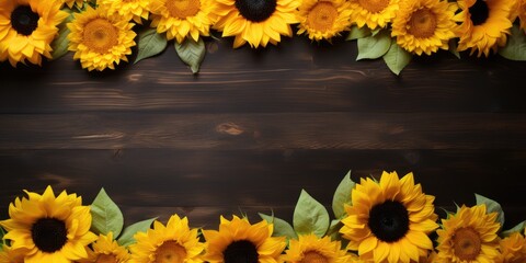 Sunflower on wooden background, space for text. Generative AI