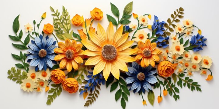 Paper flower illustration, paper cut technique. Sunflowers on white background. Generative AI