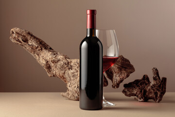 Bottle and glass of red wine with old weathered snag on a beige background.