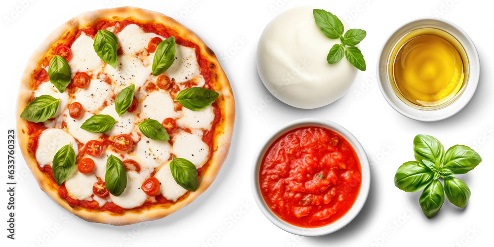 Wall mural Margarita Pizza with ingredients, Tomato sauce, Mozzarella cheese, Fresh basil leaves, Olive oil, on transparent background - Wall murals