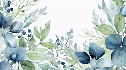 Watercolor painted greenery frame template. Bouquet with green, blue branches and leaves. Seamless  - obrazy, fototapety, plakaty