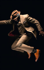 A male professional dancer in a suit with a hat is dancing and jumping to the music. Street dancer...