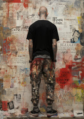 Illustrated young boy, eccentric looking street skater style. Metal, punk boy with tattoos on a newspaper collage wall as a background.