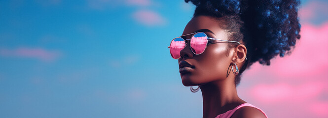 Close-up portrait of a young beautiful girl with curly hair wearing big fashionable sunglasses. Modern authentic look.