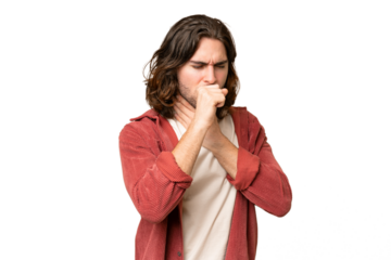 Young handsome man over isolated background is suffering with cough and feeling bad