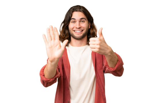 Young handsome man over isolated background counting six with fingers