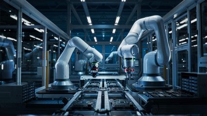 Advanced High Precision Robot Arms on Fully Automated PCB Assembly Line Inside Modern Electronics...
