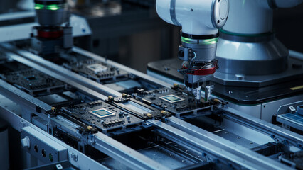 Component Installation and Quality Control of Black Circuit Board. Fully Automated PCB Assembly...