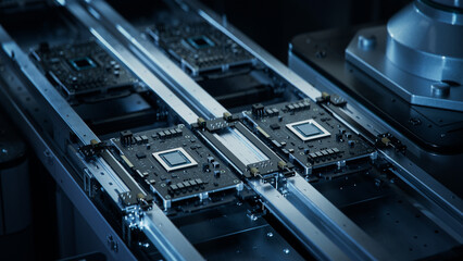 Black Circuit Board with Advanced Microchip on Assembly Line. Electronics Manufacturing Facility or...