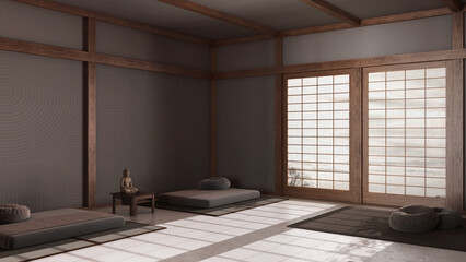 Dark late evening scene, minimal meditation room with pillows, tatami mats and decors. Wooden beams...