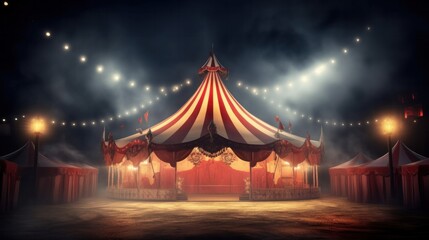 Circus tent with illuminations lights at night. Cirque facade. Festive attraction illustration. - obrazy, fototapety, plakaty