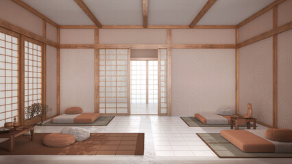 Japandi meditation room in white and orange tones, pillows, tatami mats and paper doors. Wooden beams and resin floor. Minimalist interior design