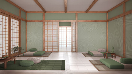 Japandi meditation room in white and green tones, pillows, tatami mats and paper doors. Wooden beams and resin floor. Minimalist interior design