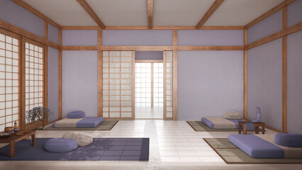 Japandi meditation room in white and purple tones, pillows, tatami mats and paper doors. Wooden beams and resin floor. Minimalist interior design