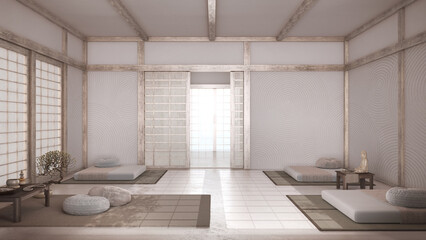 Japandi meditation room in white and beige tones, pillows, tatami mats and paper doors. Bleached...