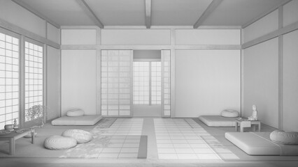 Total white project draft, japandi meditation room with pillows, tatami mats and paper doors. Wooden beams and resin floor. Minimalist interior design