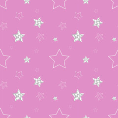 Seamless pattern on pink background with silver confetti stars. Vector illustration