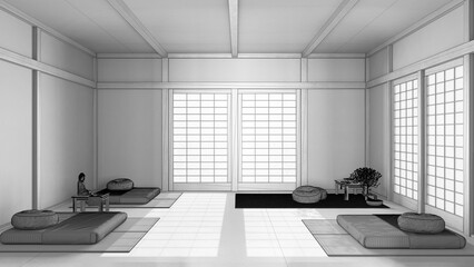 Blueprint unfinished project draft, minimal meditation room with pillows, tatami mats and paper doors. Wooden beams and resin floor. Japanese interior design