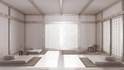 Minimal meditation room in white and beige tones, pillows, tatami mats and paper doors. Bleached wooden beams and resin floor. Japanese interior design