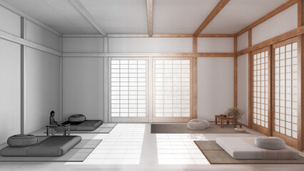 Architect interior designer concept: hand-drawn draft unfinished project that becomes real, minimal meditation room with pillows, tatami mats and paper doors. Japanese style