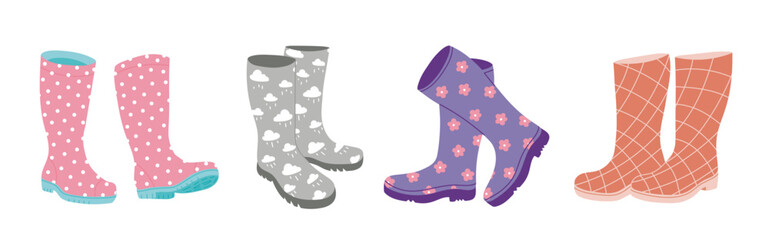 Different colors wellies collection. Rubber boots autumn concept. Set of gumboots on a white background. Autumn footwear. Vector
