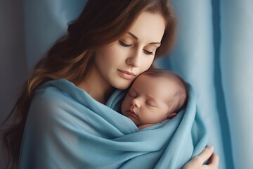 Woman holding adorable baby wrapped in blue blanket. Generative AI