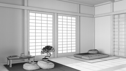 Blueprint unfinished project draft, minimal meditation room with pillows, tatami mats and paper...