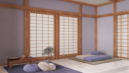 Minimal meditation room in white and purple tones with pillows, tatami mats and paper doors. Carpet, table with Mala and decors. Japanese interior design