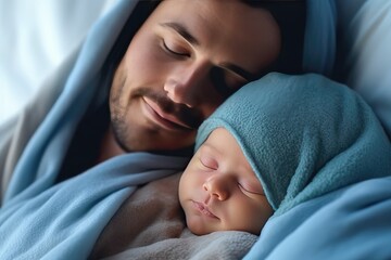 Fototapeta na wymiar Man holding adorable baby wrapped in blue blanket. Generative AI