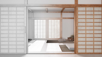 Architect interior designer concept: hand-drawn draft unfinished project that becomes real, minimal meditation room with paper door. Capet, pillows and tatami mats. Japandi style