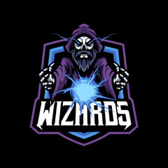 wizards skull with blue magic logo design for mascot sport or esport gaming logo