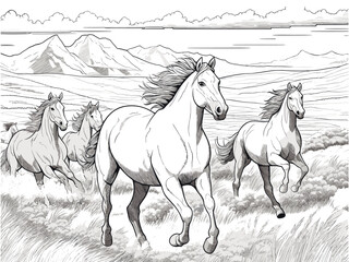 Black and white vector sketch of galloping horses or mustangs for coloring