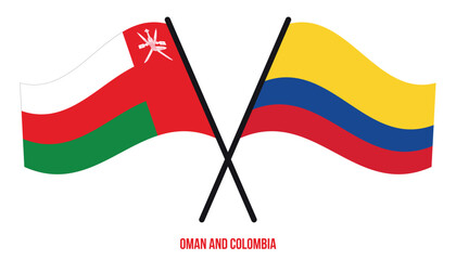 Oman and Colombia Flags Crossed And Waving Flat Style. Official Proportion. Correct Colors.