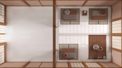 Minimal meditation room in white and orange tones, pillows, tatami mats and decors. Wooden beams and resin floor. Japandi interior design, top view, plan, above