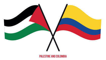 Palestine and Colombia Flags Crossed And Waving Flat Style. Official Proportion. Correct Colors.