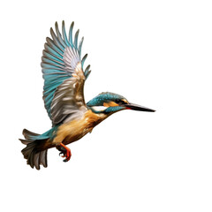 Fototapeta premium Flying jewel Common Kingfisher Alcedo atthis captured in mid air above a river with green bushes as a backdrop