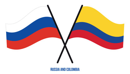 Russia and Colombia Flags Crossed And Waving Flat Style. Official Proportion. Correct Colors.