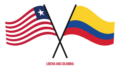 Liberia and Colombia Flags Crossed And Waving Flat Style. Official Proportion. Correct Colors.