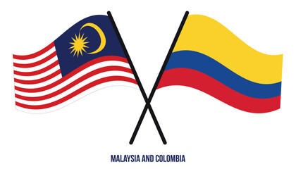 Malaysia and Colombia Flags Crossed And Waving Flat Style. Official Proportion. Correct Colors.