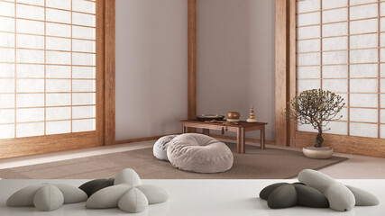 White table, desk or shelf with five soft white pillows in the shape of stars or flowers, over minimal meditation room, architecture interior design