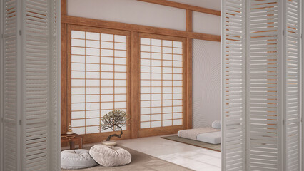White folding door opening on minimalist meditation room, resin floor, carpet, table and tatami mats paper doors, architect designer concept, blur background